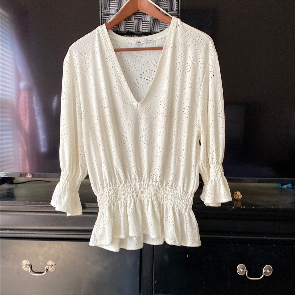 Zara Cream Smocked Ruffled Blouse 3/4 Sleeve